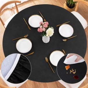 UMINEUX Round Fitted Vinyl Tablecloth with Elastic Edged & Flannel Backing, Waterproof Wipeable Round Table Cover for Indoor Patio Use - Fits Tables up to 40"-44" Diameter(Black)