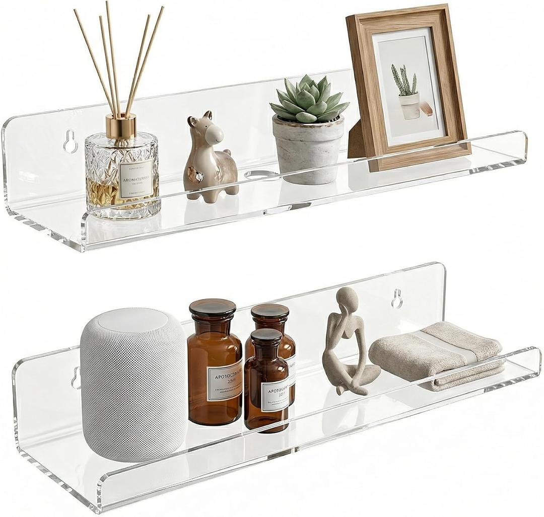 Acrylic Floating Shelves, Adhesive Wall Mount Command Shelves for Bathroom, Kitchen, Dorm - Renter-Friendly Easy Install Wall Shelves for Home Decor and Organization (Fully Clear-2 Pack)