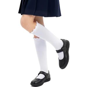 HONGTEYA 3 Pairs Girls Knee High Socks Kids Cotton School Uniform Seamless Toe Sock Dress Socks 4-6 Years (White)