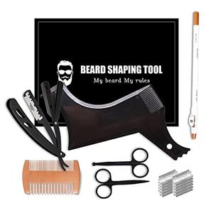 Beard Shaper, Beard Shaping Tools, Include Beard Template Guide, Professional Straight Edge Razor, 10 Count of Double Edge Blade, Barber Pencil, Beard Comb, 2 Stainless Steel Scissors