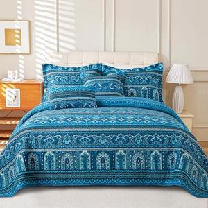 VAPUTAR Cotton Quilt Wedding, Boho King Size Quilts, Lightweight Reversible Coverlets Bedspreads for Farmhouse Bedroom (Blue)