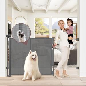 Reinforced 41 Inch Extra Tall Retractable Baby Gate 55" Wide Mesh Baby Gate Retractable Pet Gate with Support Rods Prevents Crawling Under, Indoor Retractable Gate Outdoor Extra Tall Pet Gate, Gray