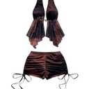 RoseSeek Women's 2 Piece Outfits Tie Dye Mesh Rave Going Out Clothes Backless Halter Tops Drawstring Short Set Brown Medium