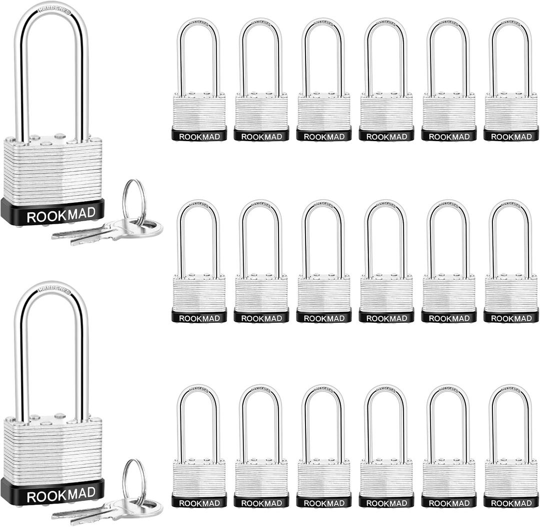 Keyed Padlocks, Laminated Steel Padlock, Keyed Alike Locks with Same Keys, Long Shackle, PE Plastic Hoop, This Pad Lock with Eco-Friendly Materials, 20 Pack