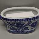 Blue and White Ceramic Planter Pot  Vintage Floral Oval Cachepot Vase for Indoor Plants, Flowers & Succulents  Glazed Chinese Porcelain Style Decorative Bowl 10.6" Size  No Drainage