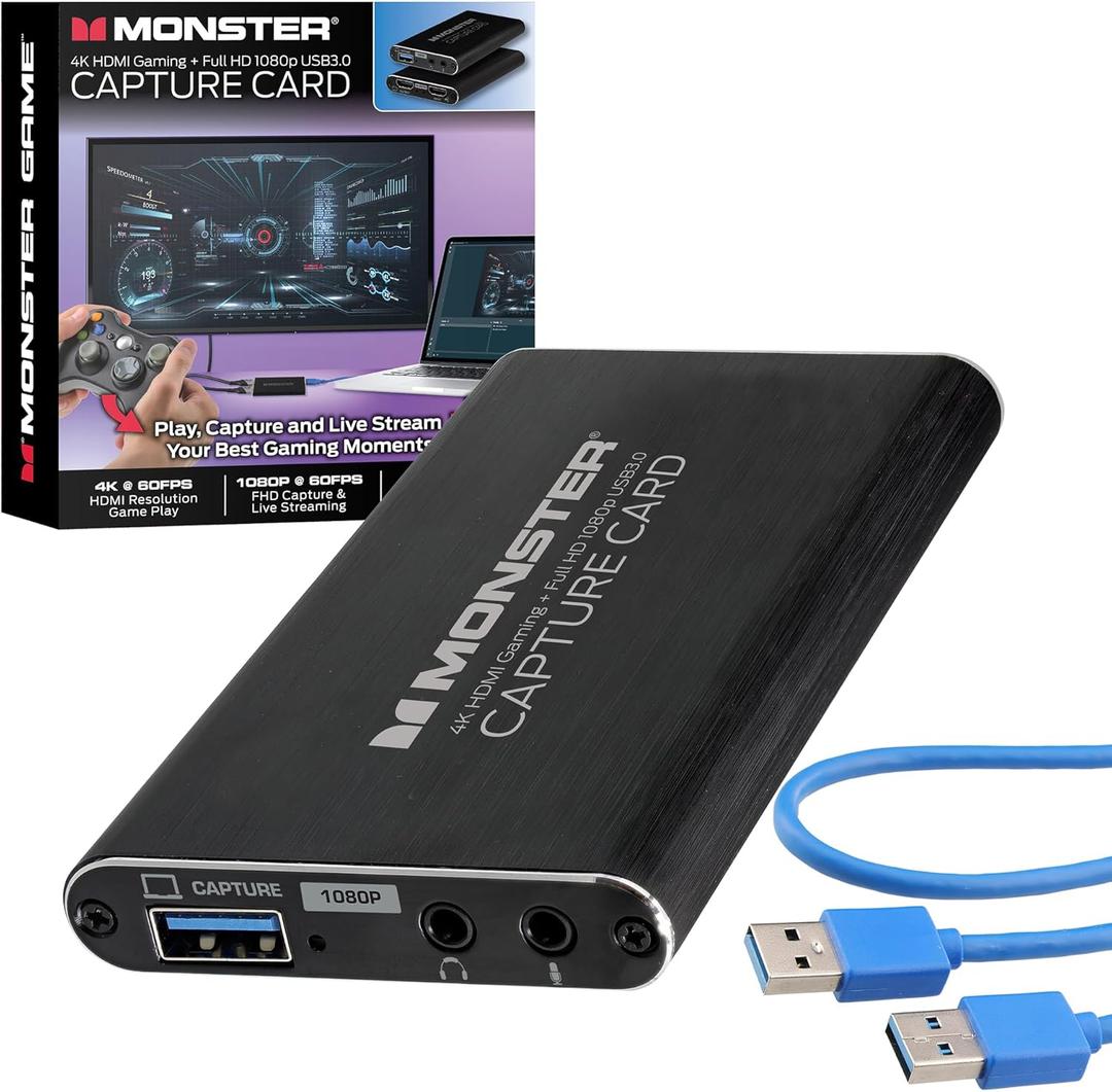 Monster Capture Card, 4K 60FPS Game Play, 1080p 60FPS Capture & Streaming, HDMI Input, HDMI/USB 3.0 Output, Microphone & Headphone Input/Output Ports, Record & Stream Videos for PC, Switch, Xbox, PS5
