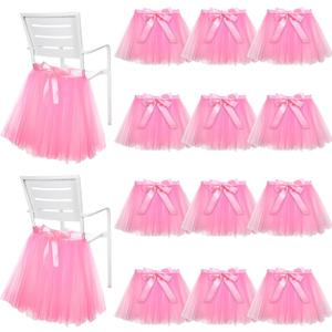 Timgle 12 Set Pink Tulle Tutu Chair Skirt Bulk with Sash Bow Baby Shower Party Throne Chair Decorations for Party Wedding Baby Shower Birthday Supplies(Pink)