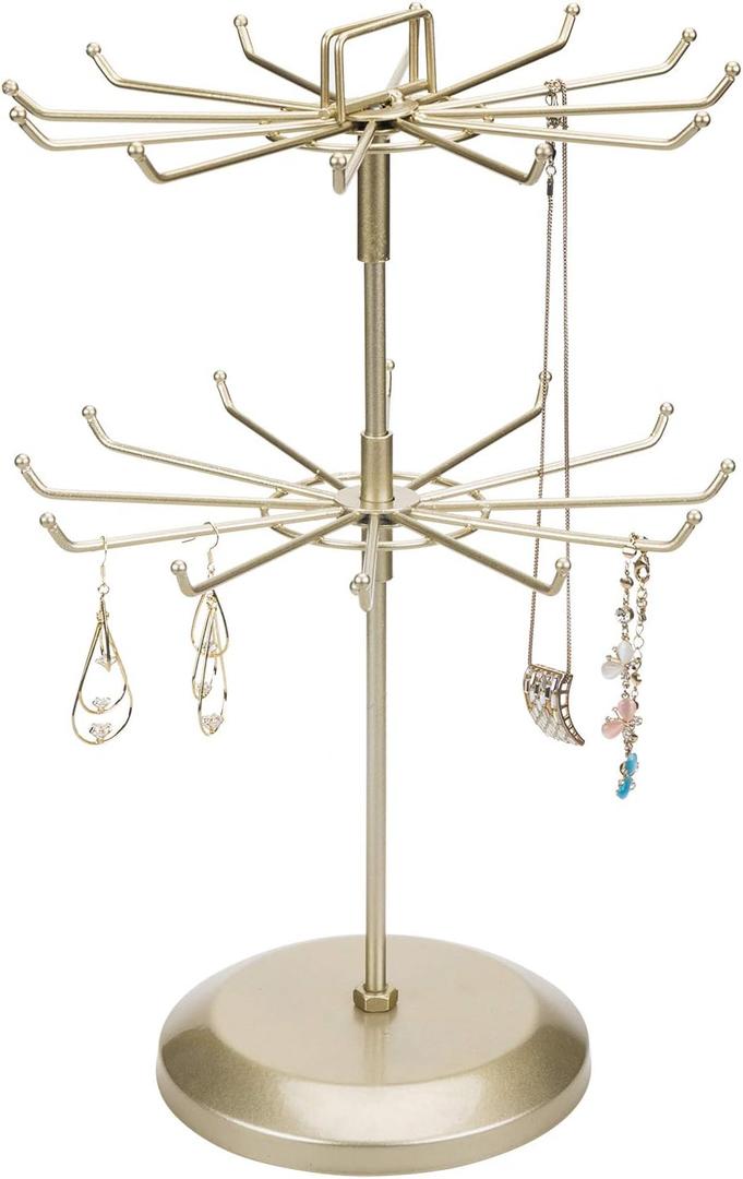MyGift 2 Tier Brass Metal Jewelry Stand Rotating Necklace and Bracelet Organizer with 24 Hooks for storage, Multipurpose Accessory and Decorative Keychain Spinning Display Rack for women