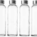 Epica Clear Glass Bottles with Lids, 18oz Resuable Glass Water Bottles for Juicing with Stainless Steel Cap to store Milk, Smoothie, etc., 100% Leak Proof, Durable and Dishwasher Safe (Set of 4) + Wine Opener
