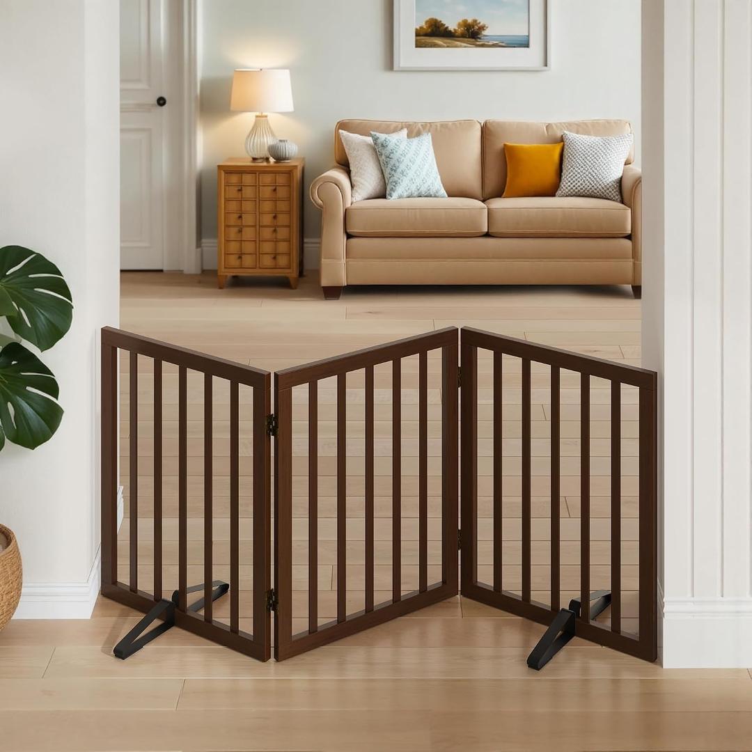 Wooden Dog Gate Freestanding Foldable 3 Panel Pet Gates Extra Wide Dog Gates for Indoor Doorways Stairs 24in Height Support Feet Included