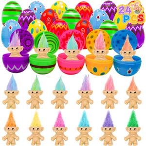 24 Pack Prefilled Easter Eggs with Toys Inside Mini Vintage Lucky Dolls Figurines Fillers Toys for Kids Easter Basket Stuffers for Boy Girl School Classroom Prizes gifts Egg Hunt Supplies Party Favors