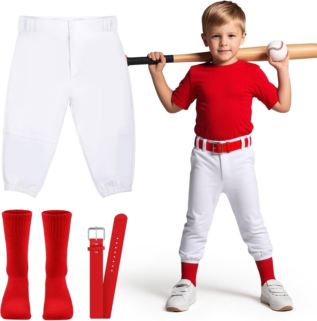 Toddler Baseball Pants - Kids Tee Ball Pants for Boy Girl, Includes: Red Belt and Baseball Socks (White, 5T)