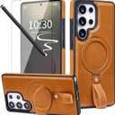 for Samsung Galaxy S25 Ultra Leather Case with Stand, Anti-Slip Grip Ring, Fits for MagSafe (Brown, S25 Ultra-6.9inch)