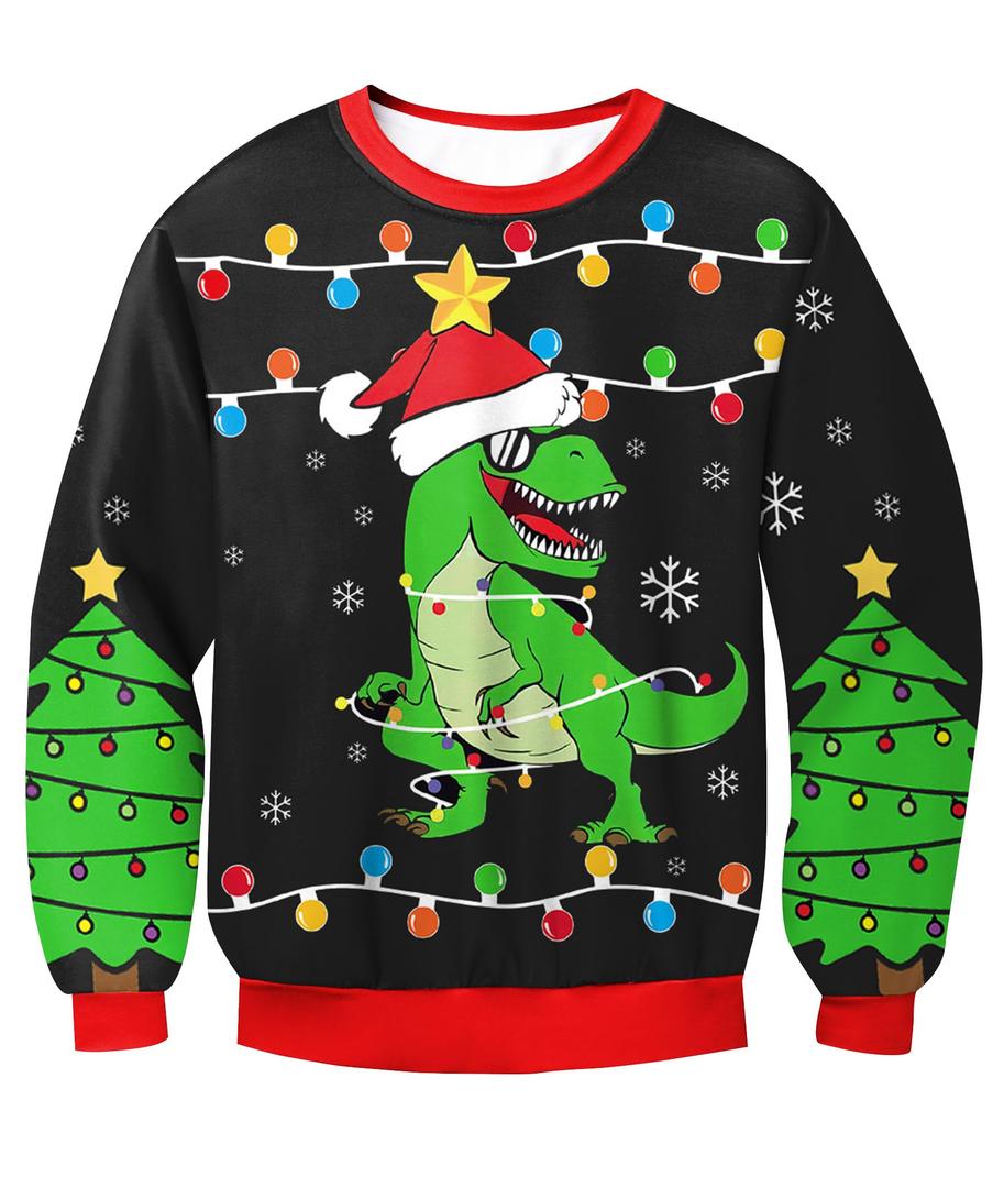 BesserBay Girls Boys Unisex Ugly Christmas Sweater Long Sleeve Crewneck 3D Graphic Printed Sweatshirt Black Dinosaur 14 Years