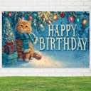 Winter Happy Birthday Banner Decrations 71x43 Inch Ginger Cat Party Backdrop Snow Christmas Tree Scene Background for Kids Winter Wonderland Birthday Decorations Gifts