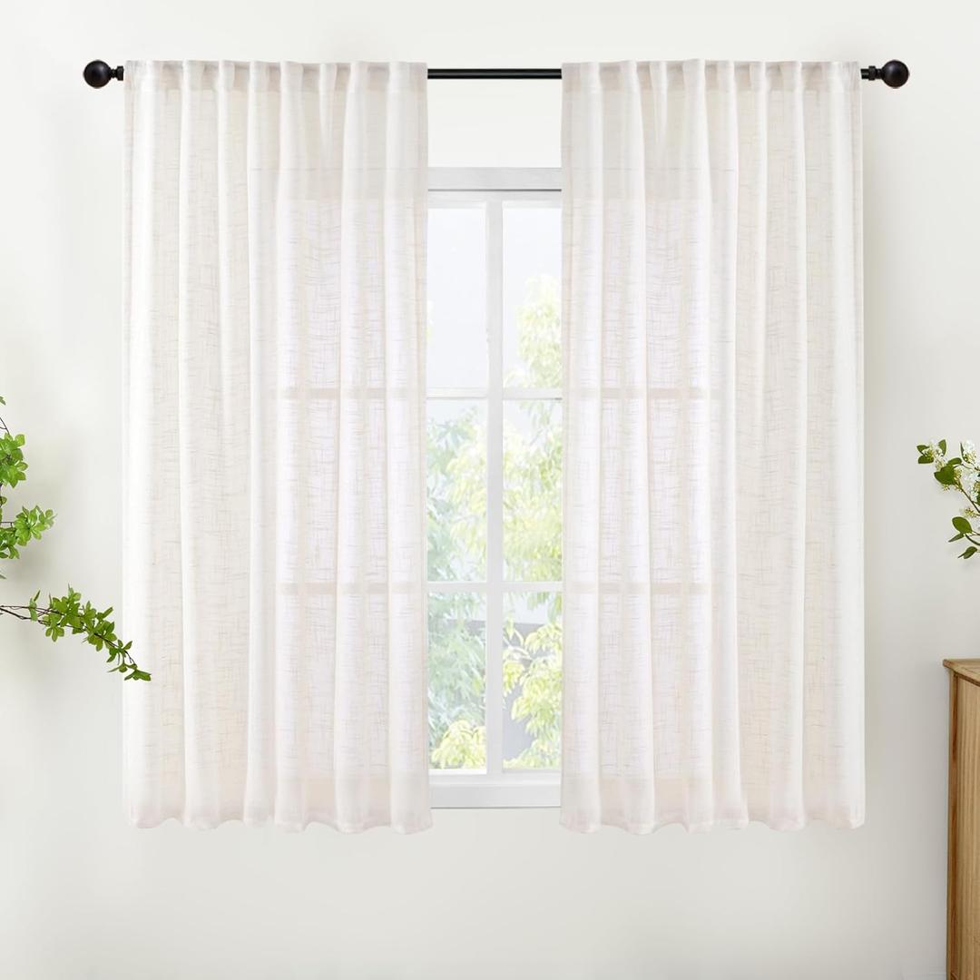 YoungsTex Natural Linen Curtains 54 Inches Long - Short Drapes Semi Sheer with Rod Pocket Back Tab Rustic Lightweight for Living Room Windows, 2 Panels, 42 X 54 Inch (Ivory White)