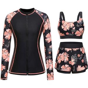 3 Piece Rash Guard for Women - Long Sleeve Swimsuits with Shorts SPF Zip up Swim Shirt with Built in Bra (Small, Black Floral)