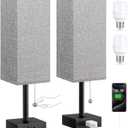 Grey Bedside Lamps for Bedroom Set of 2 - Small Nightstand Lamp with AC Outlet Charging Port, 3 Color Temperatures Rectangular Desk Light with Bulb, Tabletop Reading Lamp for Living Room/Dorm/Office
