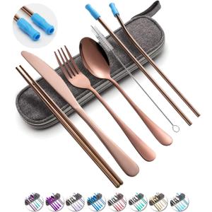 Travel Utensils Set with Case Reusable Portable Cutlery Set Stainless Steel 8pcs Including Dinner Knife Fork Spoon Chopsticks straws(Rose Gold)