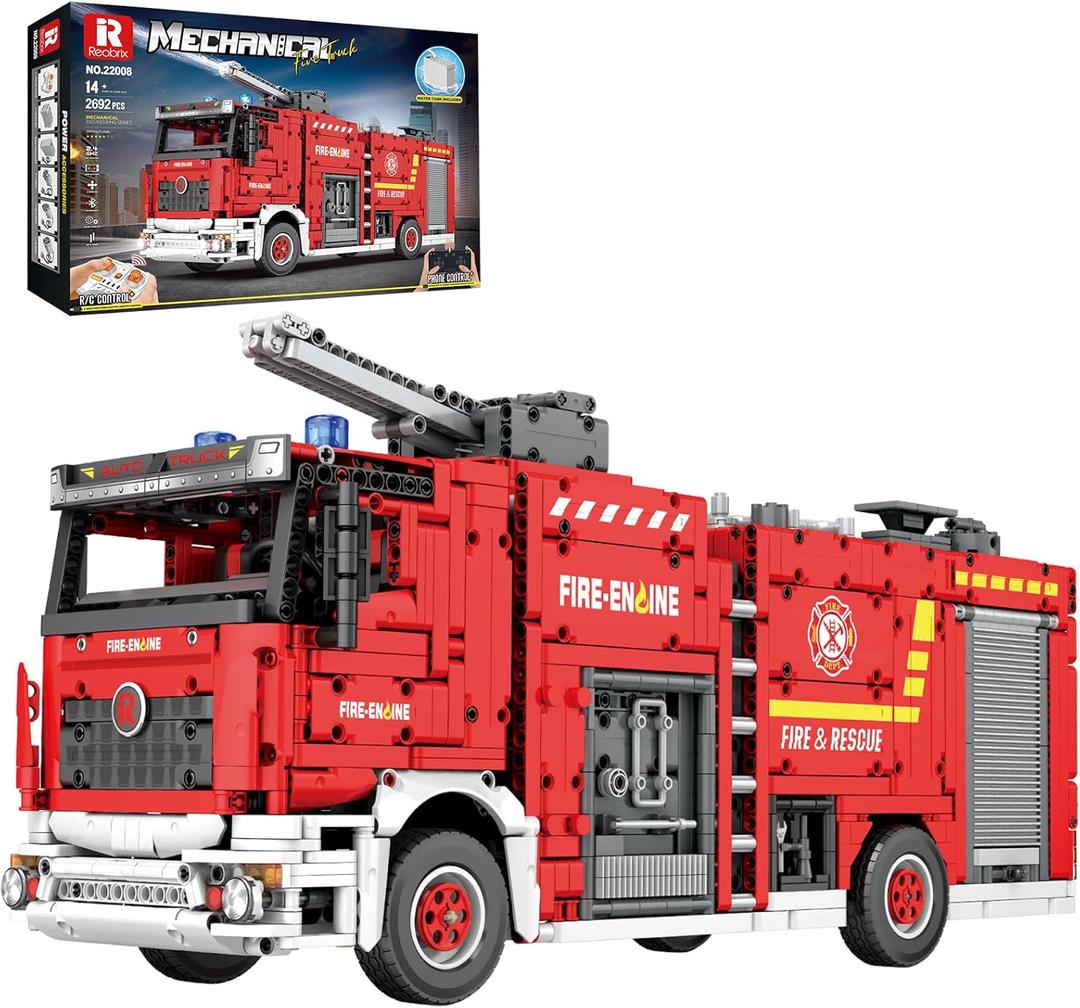 Reobrix Fire Truck Building Set for Adults, Big Rescure Fire Vehicle with Water Spray Device, APP and Remote Control Firetruck Bricks 22008, Fire Engine Building Kit for Men, Ideal Gifts for Kids 14+, Large