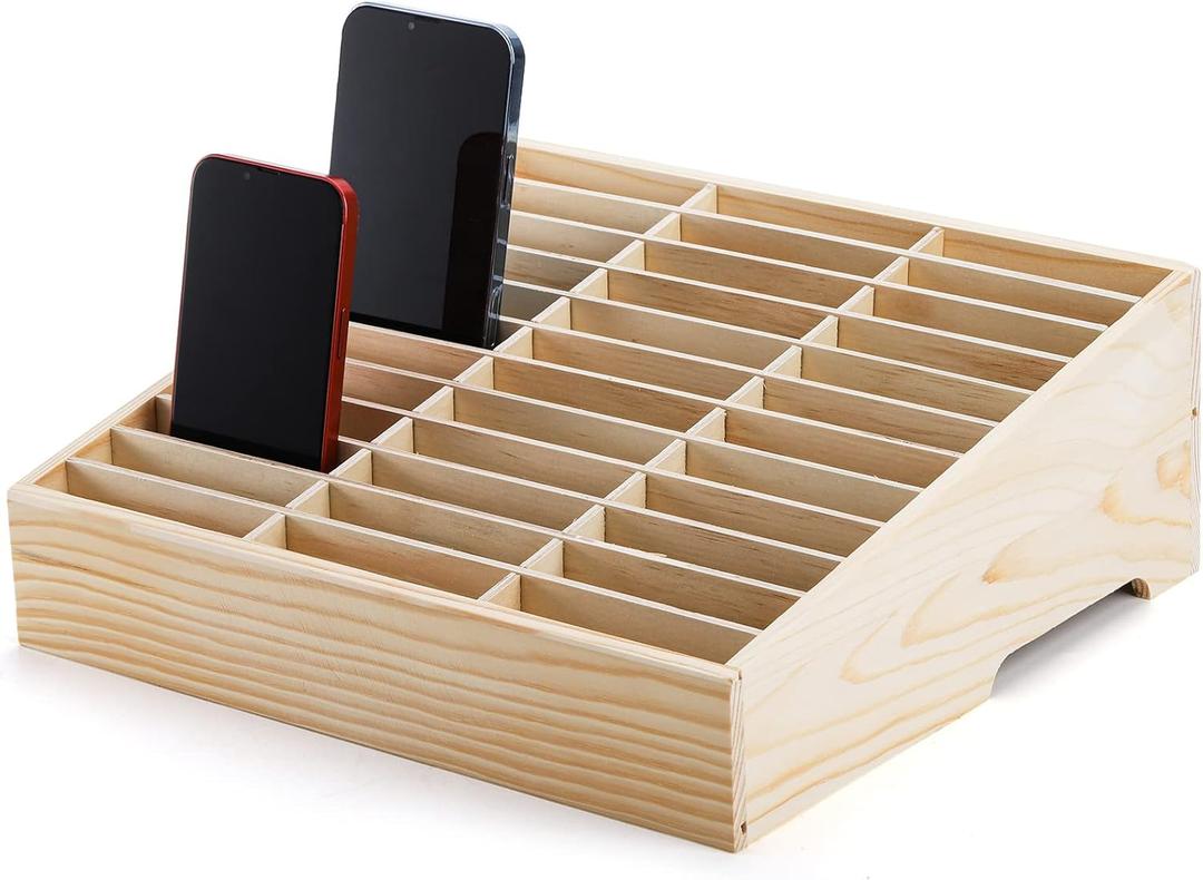 Lawei 36-Grid Wooden Cell Phone Holder, Mobile Phones and Calculator Management Storage Box, Multifunctional Desktop Organizer Storage Box for Classroom, Office, Meeting Room, Phone Rack Display