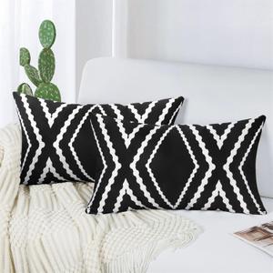 Adabana Outdoor Lumbar Waterproof Pillow Covers Set of 2 Boho Geometric Throw Pillows Cover for Patio Garden 12 x 20 Inch Black and White