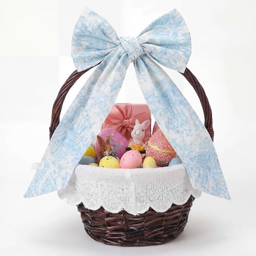 Qinyoung Easter Wicker Basket with Bow Large Blue Gift Basket with Handle Scallop Liner for Spring Picnic Egg Candy Gathering Diaper Caddy Changing Table Towels Wine Storage Wedding Decor