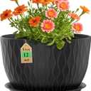 12 Inch Large Plant Pots for Indoor or Outdoor Plants, Wide Water Ripples Flower Pots with Drainage Holes & Saucer, Plastic Planters Set for Garden & Home Decor (Black)