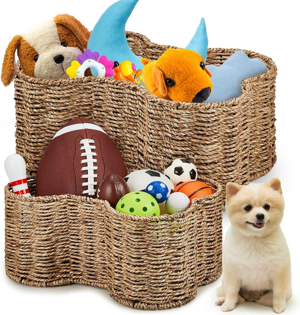 Maxcheck 2 Pcs Dog Toy Basket Bone Shaped Dog Toy Box Bin Handmade Wicker Bone Shaped Basket for Pet Storage Organizer, 2 Sizes 16. 1 x 12. 2 x 7. 1 Inch, 14. 2 x 10. 2 x 6. 3 Inch