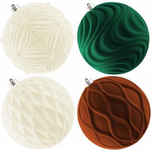 Lanpn 4 Pcs 8" Large Christmas Ornaments, Oversized Velvet Xmas Tree Ball, Big Flocked Christmas Tree Ornament, Shatterproof Plastic Balls for Yard Lawn Holiday Hanging Decor, Neutral Color (Beige-Brown-Dark Green)