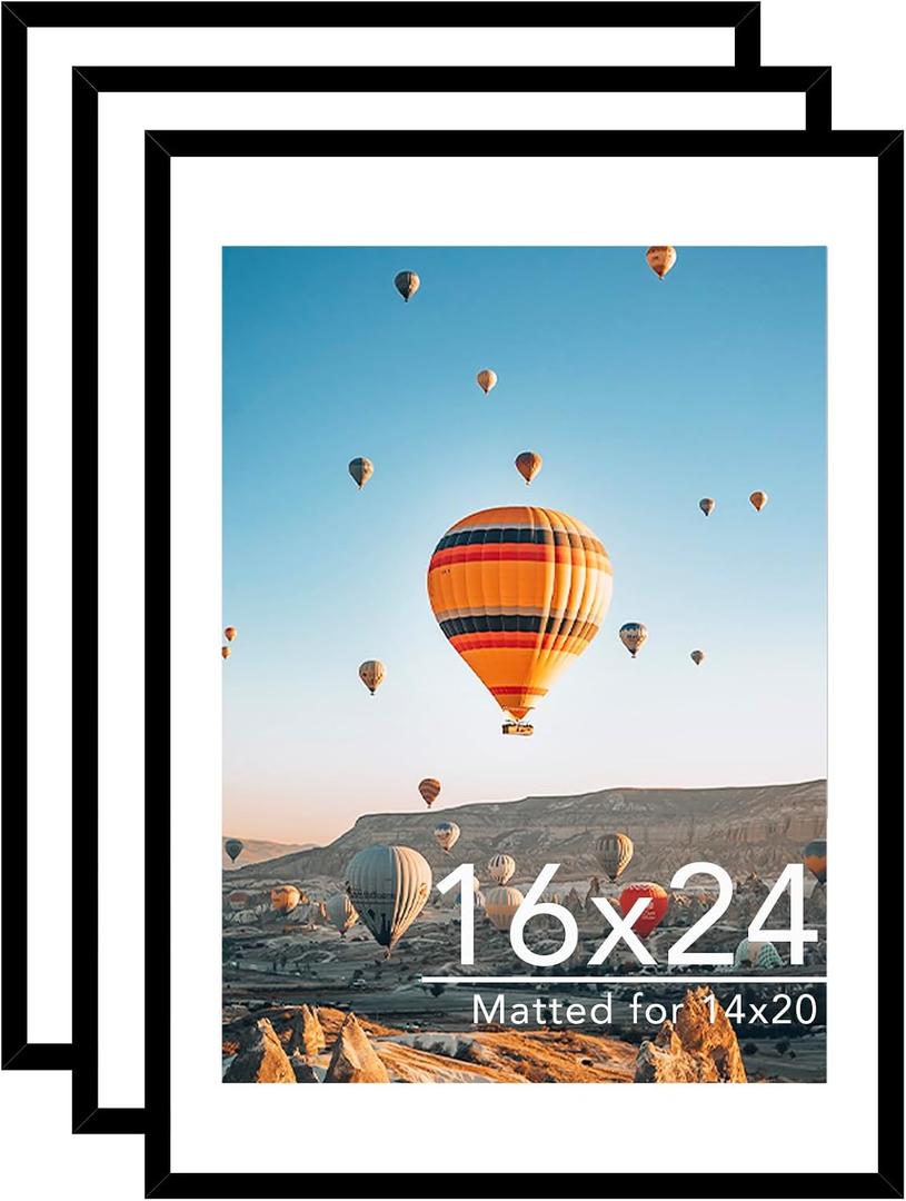 JCJMY 16x24 Picture Frame with Mat for Poster Photo and 40x60 cm Canvas, Display 14x20 with Mat or 16 x 24 without, Wood 16 by 24 Wall Gallery Poster Photo Frame, 3 Pack, Black