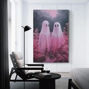 Vintage Ghost Canvas Painting Two Pink Ghosts Partying in The Forest Girls Room Wall Art Decoration Halloween Decoration Poster Artwork Picture Printing Home Poster Decoration 16x24inch(40x60cm)