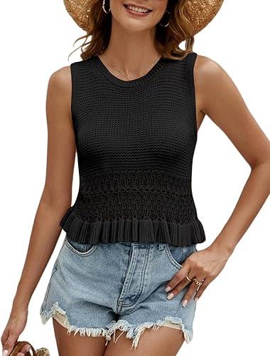 CiCiBird Women Cute Crop Sweaters Vest Knit Sleeveless Pullover Tops Crochet Ruffle Hem Tank (Small)
