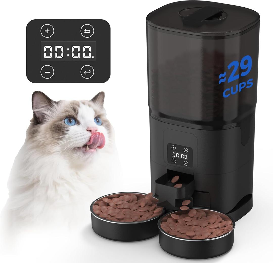 PAPIFEED Black Automatic Cat Feeder for 2 Cats, 7L Timed Cat Dry Food Dispenser with 2 Stainless Steel Bowls, Programmable Control 1-12 Meals, Auto Pet Feeder Suitable for Multi-Pet Households
