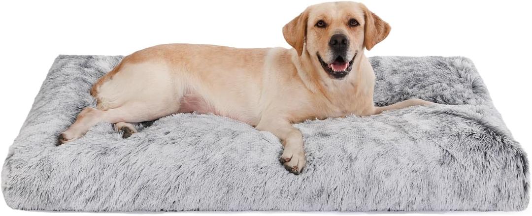 Bedfolks Waterproof Crate Bed, Plush Dog Kennel Pad with Removable Washable Cover, Faux Fur, Fluffy, 41"x27", Dark Grey