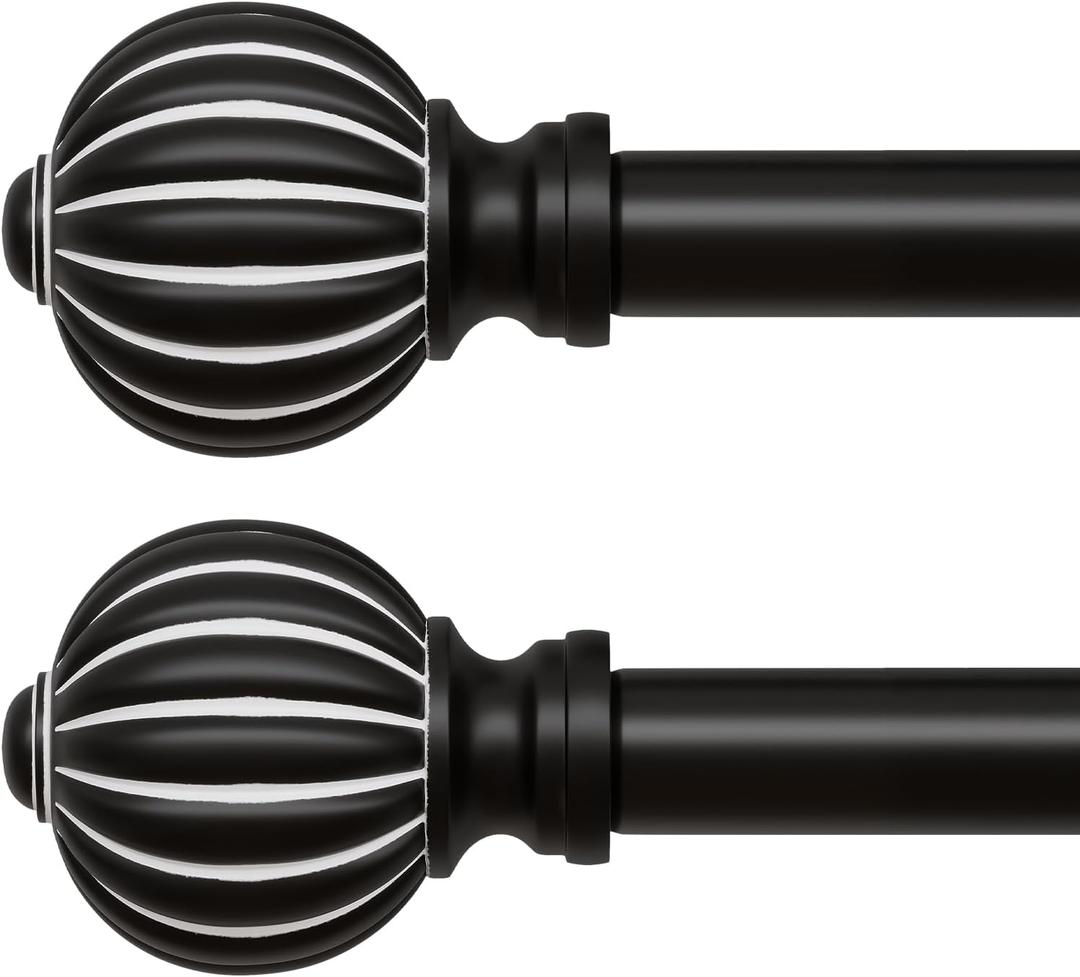 QDWIS 2 Pack Black Curtain Rods for Windows 28 to 48 Inch, 1'' Adjustable Heavy Duty Curtain RodVintage Decorative Drapery Rods with Pumpkin Finials for Bedroom Living Room