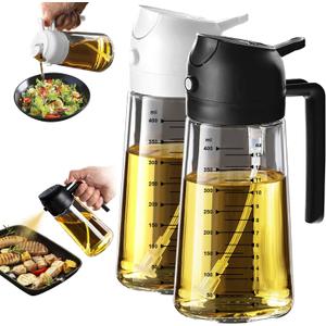 TrendPlain 16oz/470ml Glass Olive Oil Sprayer for Cooking 2 in 1 Olive Oil Dispenser Bottle for Kitchen Gadgets and Air Fryer Accessories, Salad, BBQ - Black & White