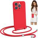 Blaspins Crossbody Lanyard Strap Case for iPhone 15 Pro Max, Hands-Free Neck Cross Body Wrist, Adjustable Rope Removable Drop Protection Shockproof Silicone Case 6.7 inch 150 cm Strap, iP15PM - Red (iPhone 15 Pro Max (6.7 inch), Red)