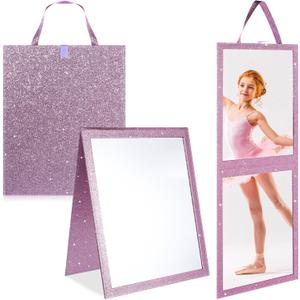 Foldable Glitter Backstage Mirror with Handle 33. 5X 13. 5 Inch Leather Folding Hanging Mirror Rectangular for Travel Dance Bag Home Fitness Spa Gift for Dancers(Purple)