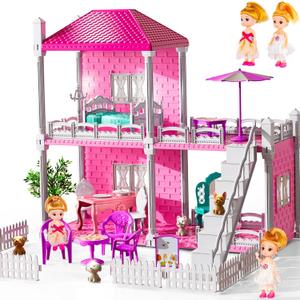 Villa Playset for Girls Ages 3-7, Indoor Playset Girls Toys with 2 Storeys 3 Rooms 2 Dolls for Ages 6-8, Furniture and Accessories, Pretend Toddler Toy, Birthday Gifts for Kids 3 4 5 6 7 8