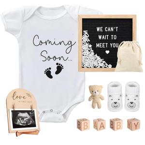9 Pcs Pregnancy Announcements Set, Include Felt Letter Board Baby Bodysuit Shoes and Wooden Sign Surprise Announcement for Grandparents Partner Gift Family Reveal(Grey Coming soon-white shoe)