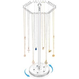 3 x OAOLEER Acrylic Necklace Holder Stand, Rotating Jewelry Organizer Display Tree Hanger Rack with 36 Hooks for Necklaces, Chain, Pendant, Bracelets, Ring (Tall 15.7 In)