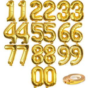 [20 Pcs] 16" Gold Foil Number Balloons (2 sets of 0-9) - Mylar Aluminum Hanging Decorations for Graduation, Birthday, Christmas & New Year's Eve Parties