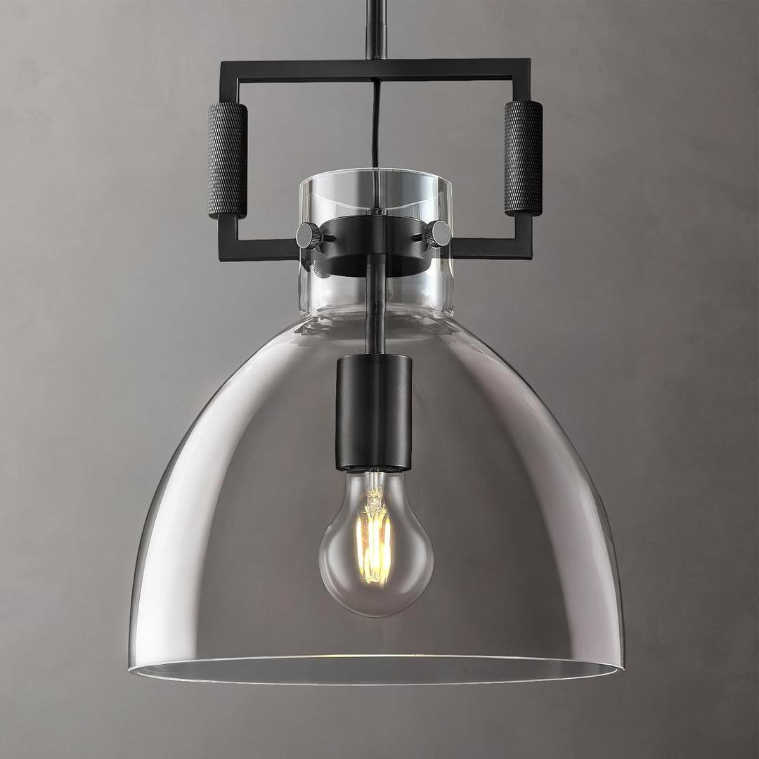 10 Inch Large Knurled Black Blown Glass Modern Kitchen Island Pendant Light Fixtures, 1 Light Kitchen Island Pendant Lighting, Single Pendant Light for Foyer, Entryway, Dining, Includes Two Bulbs