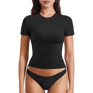 YEOREO Women Fitted Workout Tops Short Sleeve Double Lined Basic Y2K Going Out Crew Neck Compression Crop Top S