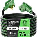 30 Amp 75 Feet RV Extension Cord with Grip Handle, Heavy Duty 10 Gauge 3-Prong 125V STW Pure Copper RV Cord, NEMA TT-30P/R with Cord Organizer for RV Trailer Campers, Black&Green, ETL Listed