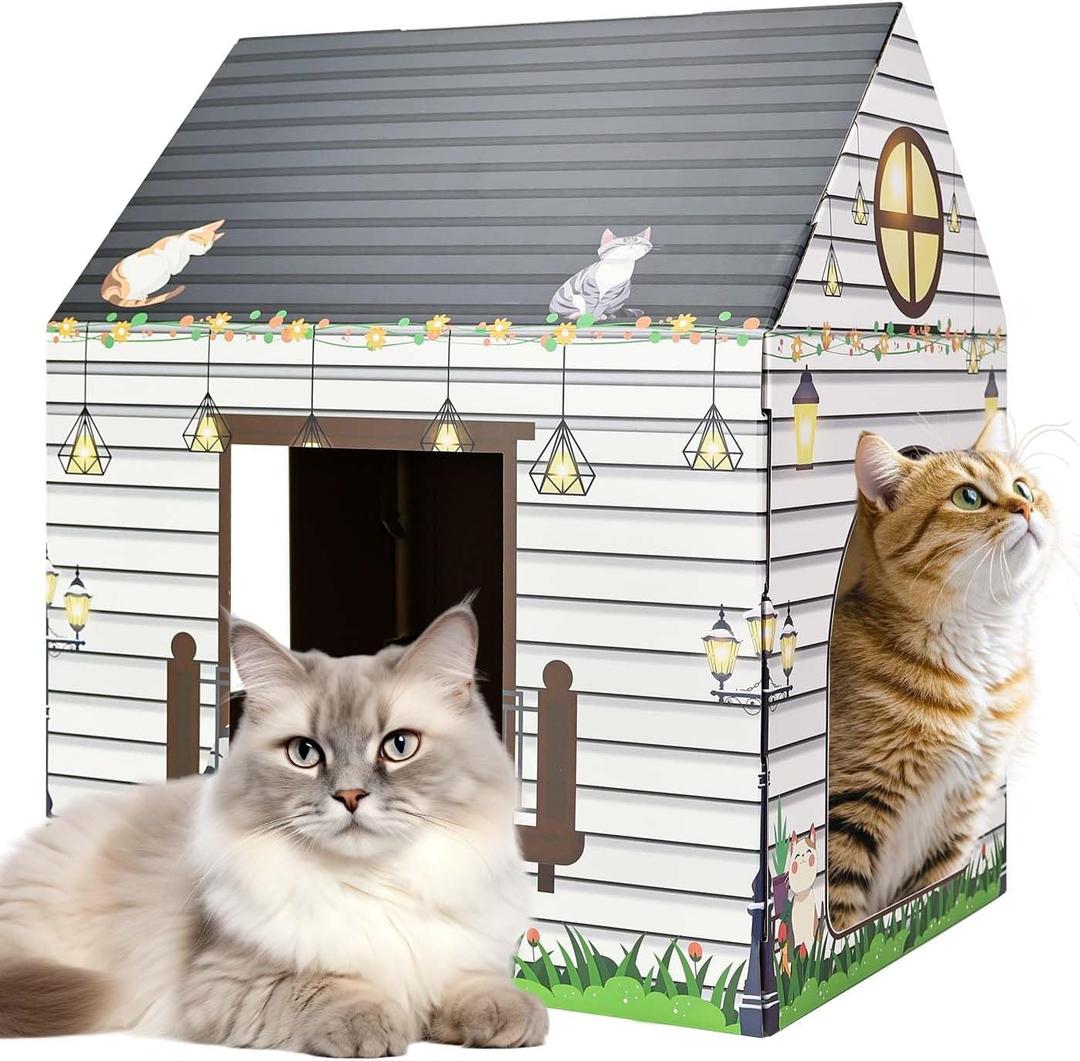 Cardboard Cat House with Scratcher 16"x 13"x19" Cat Scratch House for Indoor Cats’ Birthday Large Cat Scratcher Box