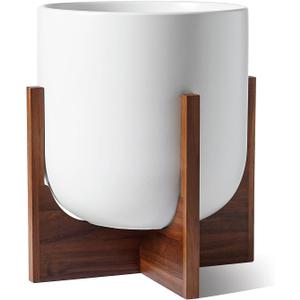 LE TAUCI 12 Inch Pots for Plants with Acacia Wood Stand, Ceramic Large Planters for Indoor Plants, Indoor Planters for Office Living Room, Cylinder Pots with Drainage Hole and Plug, White