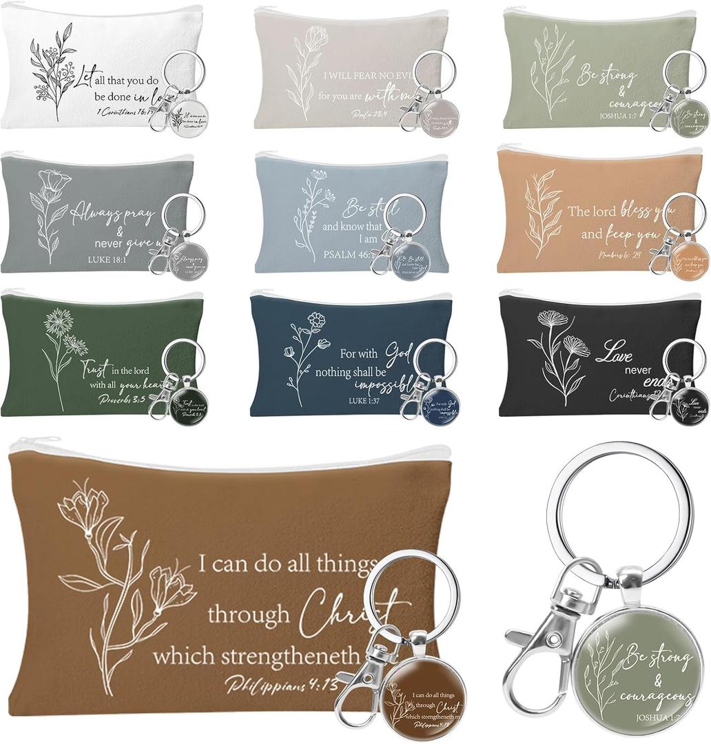 20 Pcs Christian Cosmetic Bags for Women Religious Gifts Canvas Pencil Pouch Makeup Bags with Bible Verse Keychains for Women Mother Employee Christmas Gift
