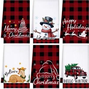 6PCS Christmas Kitchen Hand Towels Decor: Snowman Elk Car Tea Towel Dish Set Decorations for Bathroom Holiday